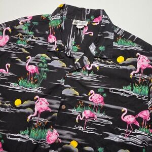 Aloha Republic Mens Shirt 2XL Black‎ Pink Flamingo Cotton Hawaiian Camp Vacation